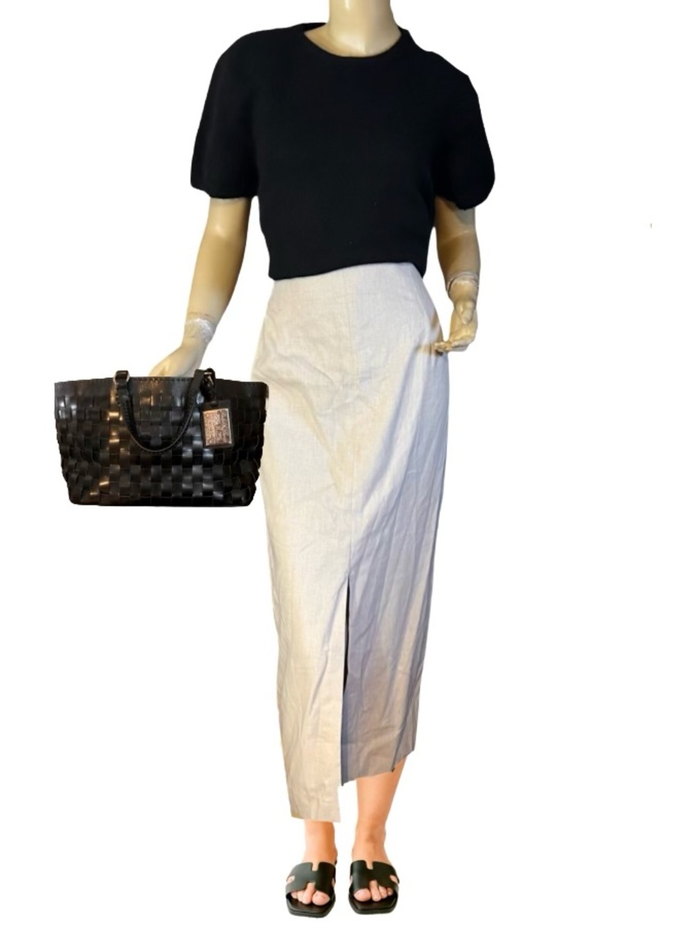 FASHION OPTIONS FRONT SLIT ECRU LINEN & COTTON BLEND MAXI SKIRT (16)